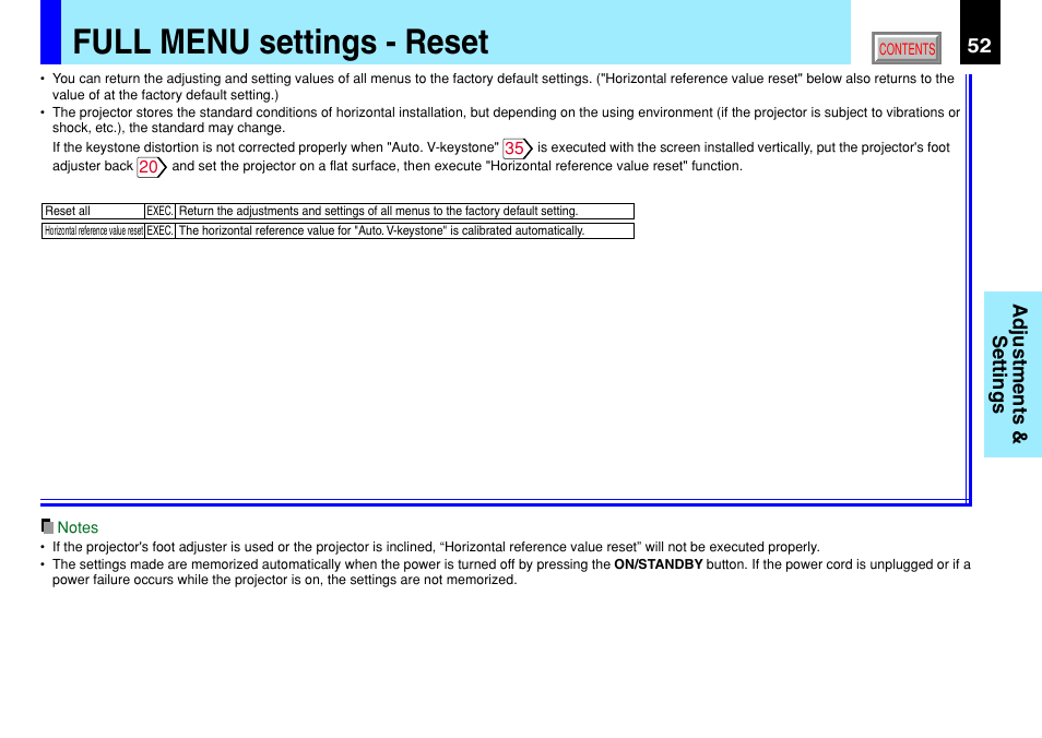 Full menu settings - reset, Is executed, the language selection menu will, Adjustments & settings | Toshiba TLP791 User Manual | Page 52 / 80