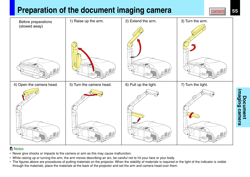 Preparation of the document imaging camera, Document imaging camera | Toshiba TLP791 User Manual | Page 55 / 80