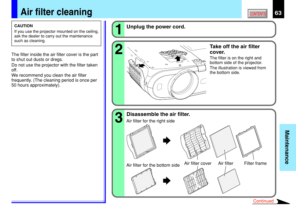 Air filter cleaning, Clean the air filter from time to time | Toshiba TLP791 User Manual | Page 63 / 80