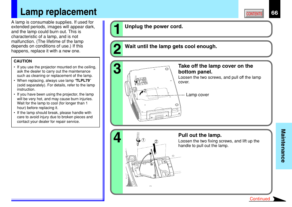 Lamp replacement | Toshiba TLP791 User Manual | Page 66 / 80