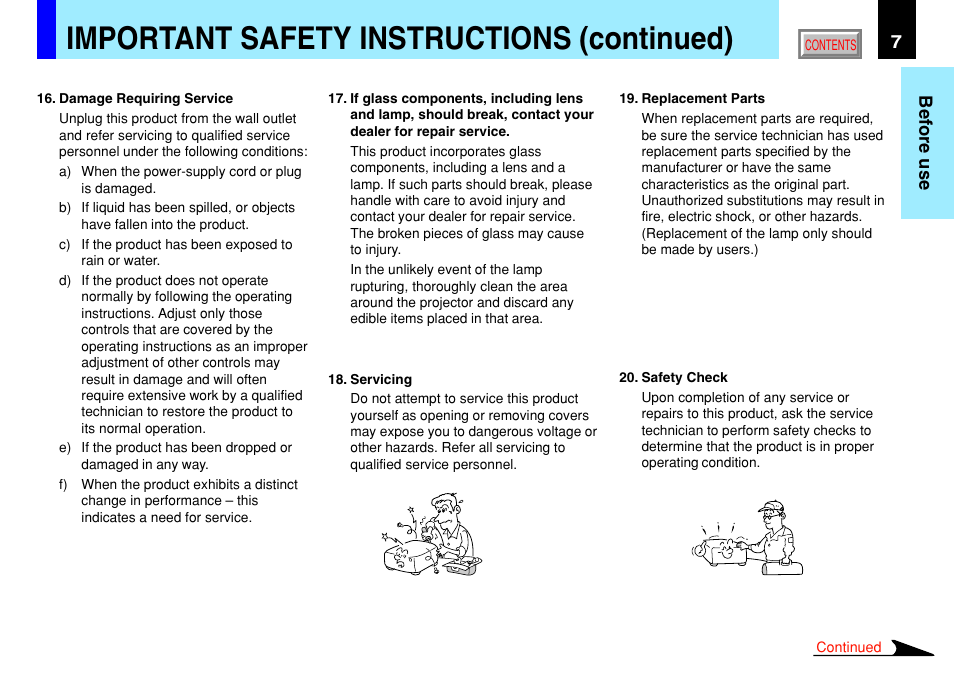 Important safety instructions (continued), 7before use | Toshiba TLP791 User Manual | Page 7 / 80