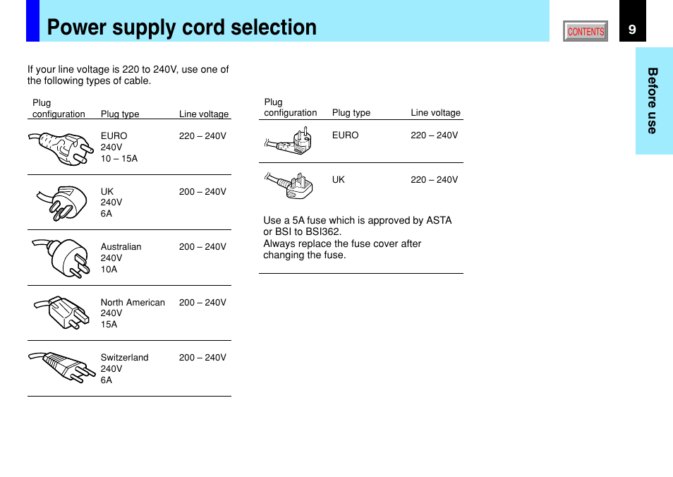 Power supply cord selection, 9before use | Toshiba TLP791 User Manual | Page 9 / 80