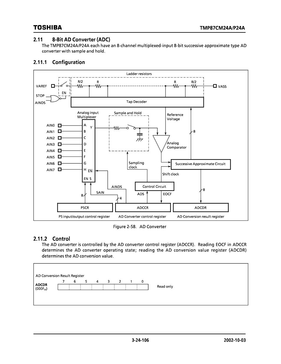 11 8-bit ad converter (adc), 1 configuration, 2 control | Toshiba | Toshiba TMP87CP24AF User Manual | Page 106 / 132