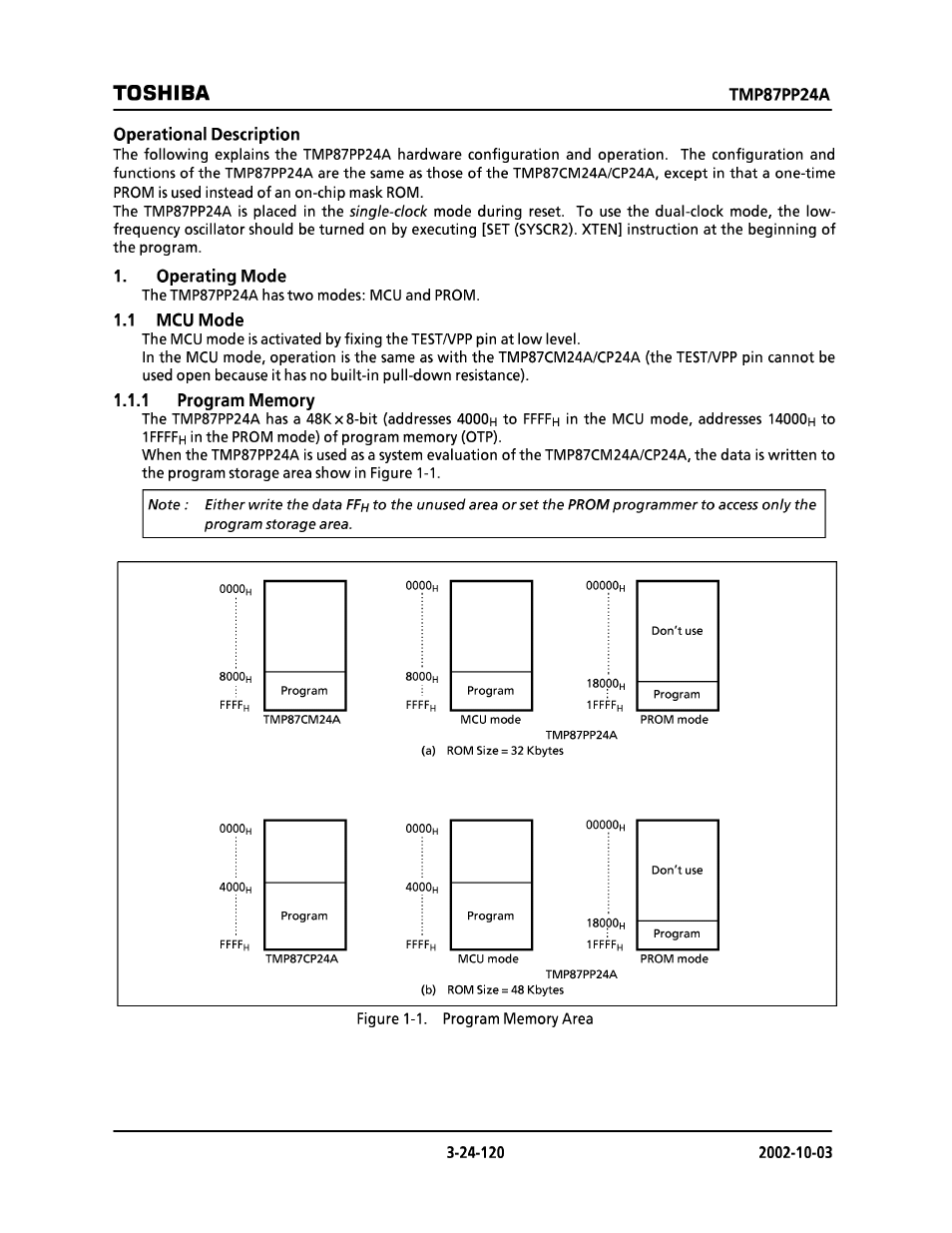 Operational description, Operating mode, 1 mcu mode | 1 program memory, Toshiba, Tmp87pp24a | Toshiba TMP87CP24AF User Manual | Page 120 / 132