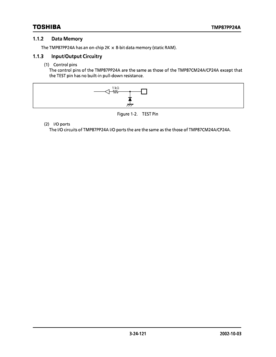 2 data memory, 3 input/output circuitry, Toshiba | Toshiba TMP87CP24AF User Manual | Page 121 / 132