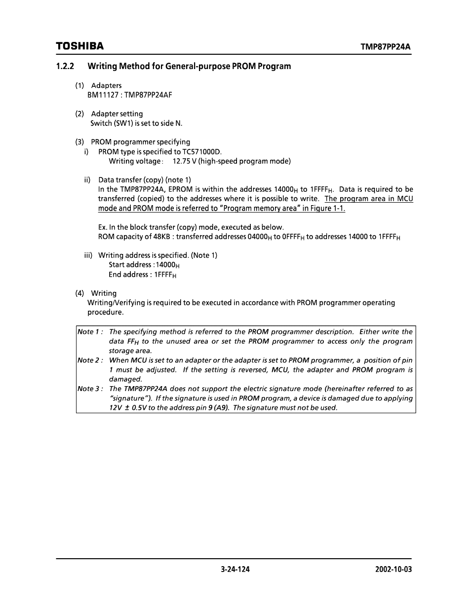 2 writing method for general-purpose prom program, Toshiba, Tmp87pp24a | Toshiba TMP87CP24AF User Manual | Page 124 / 132