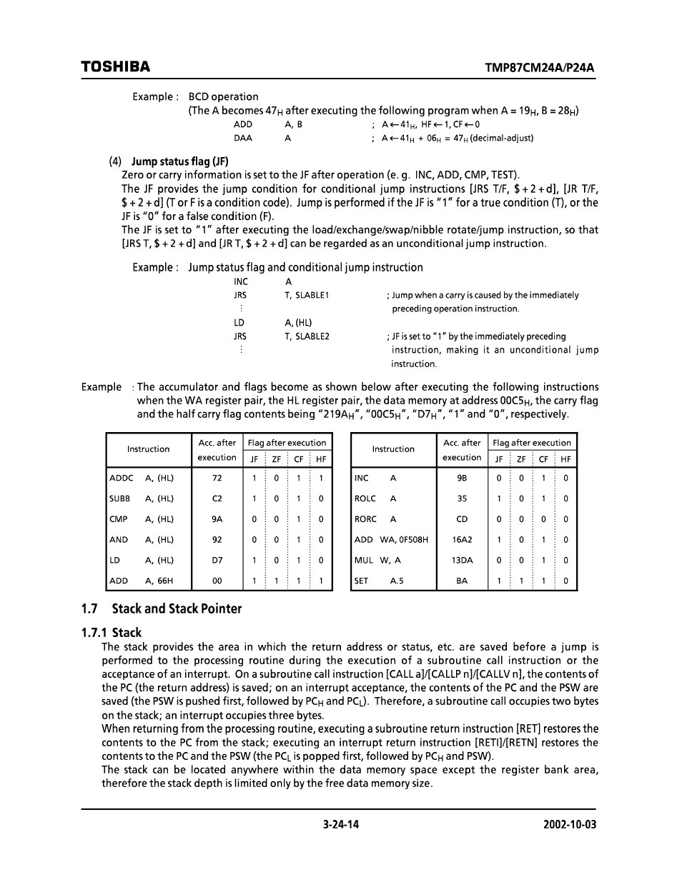 7 stack and stack pointer, 1 stack, Toshiba | 7 stack and stack pointer 1.7.1 stack, 219a | Toshiba TMP87CP24AF User Manual | Page 14 / 132