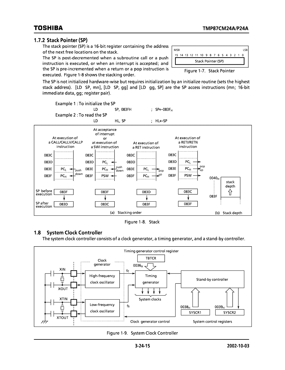 2 stack pointer (sp), 8 system clock controller, Toshiba | Toshiba TMP87CP24AF User Manual | Page 15 / 132