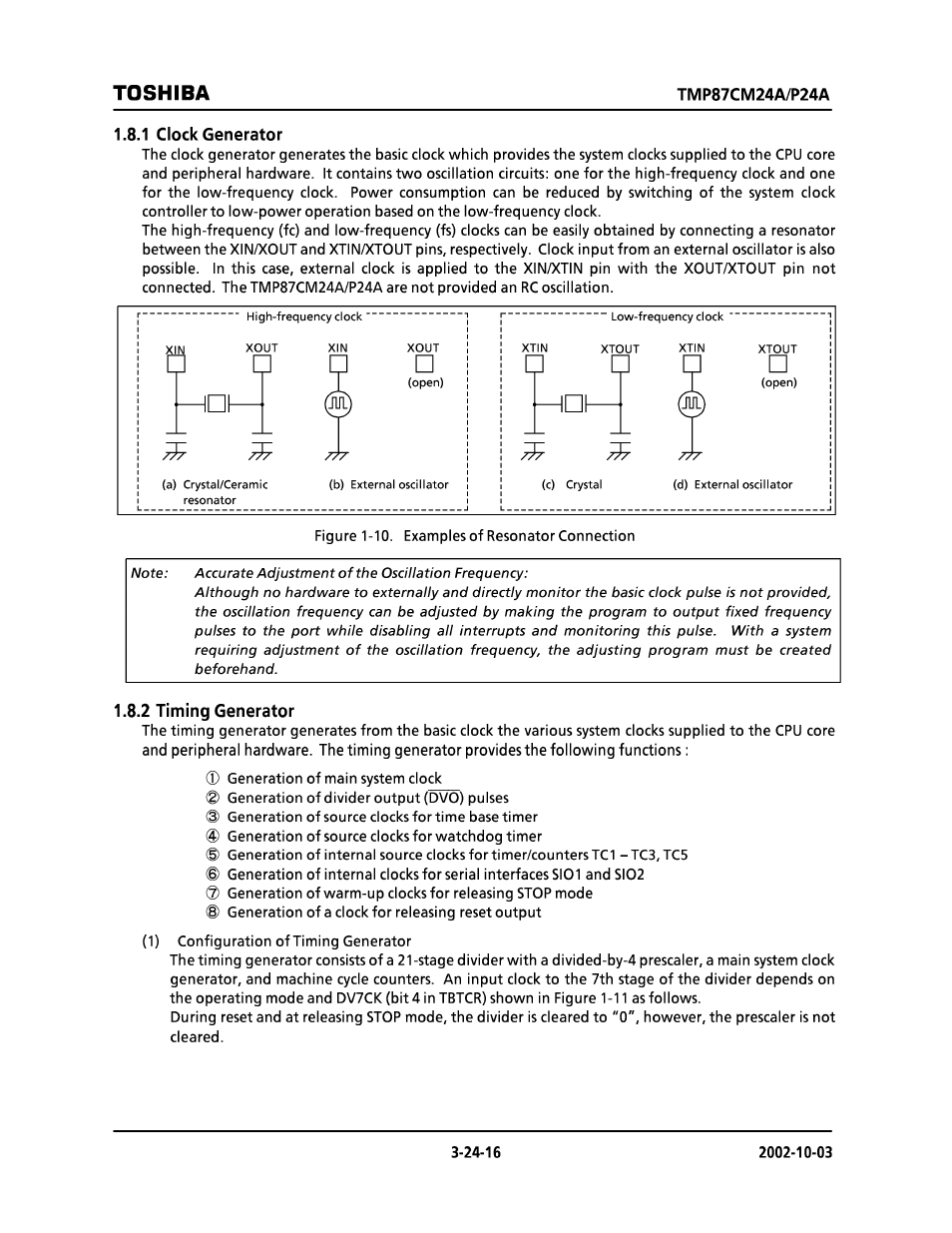 1 clock generator, 2 timing generator, Toshiba | Toshiba TMP87CP24AF User Manual | Page 16 / 132