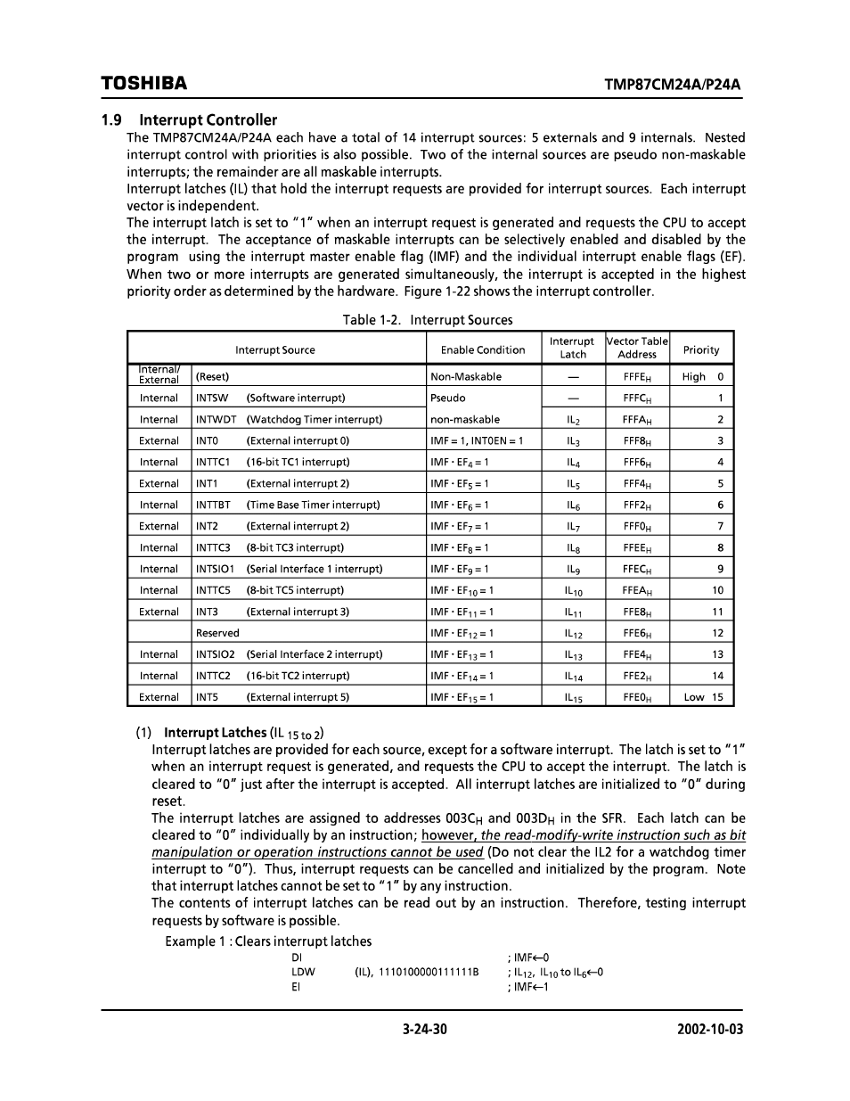 9 interrupt controller, Toshiba, Imf<-0 | Toshiba TMP87CP24AF User Manual | Page 30 / 132