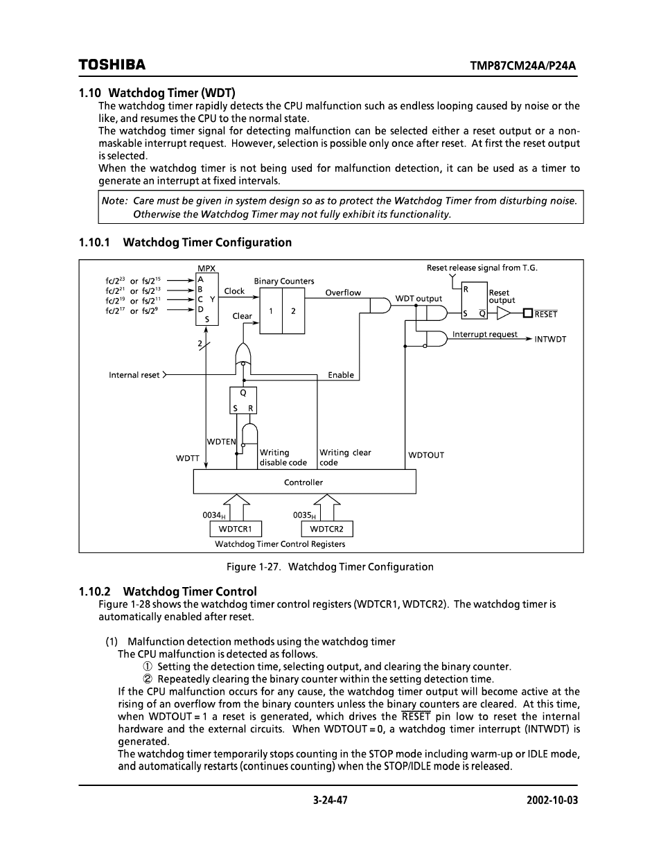 10 watchdog timer (wdt), 1 watchdog timer configuration, 2 watchdog timer control | Toshiba | Toshiba TMP87CP24AF User Manual | Page 47 / 132