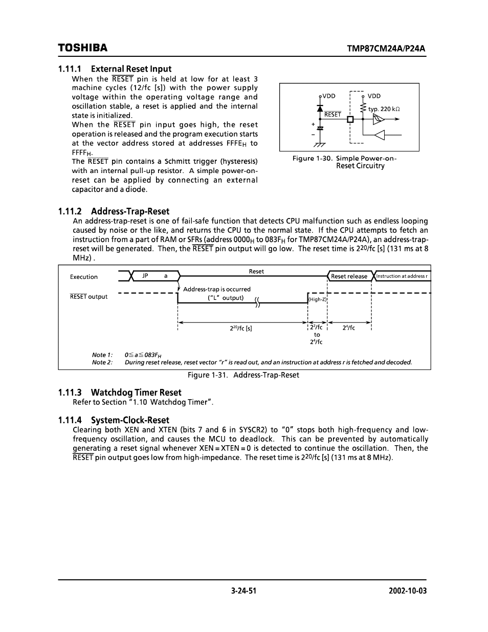 1 external reset input, 2 address-trap-reset, 3 watchdog timer reset | 4 system-clock-reset, Toshiba | Toshiba TMP87CP24AF User Manual | Page 51 / 132