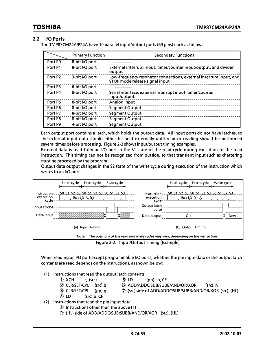 2 i/o ports, Toshiba, H<---------- h-i------------^l-f------------^1 | Toshiba TMP87CP24AF User Manual | Page 53 / 132