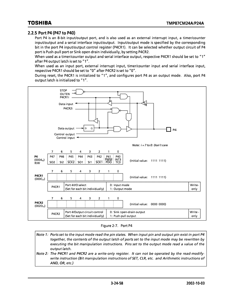 5 port p4 (p47 to p40), Toshiba | Toshiba TMP87CP24AF User Manual | Page 58 / 132