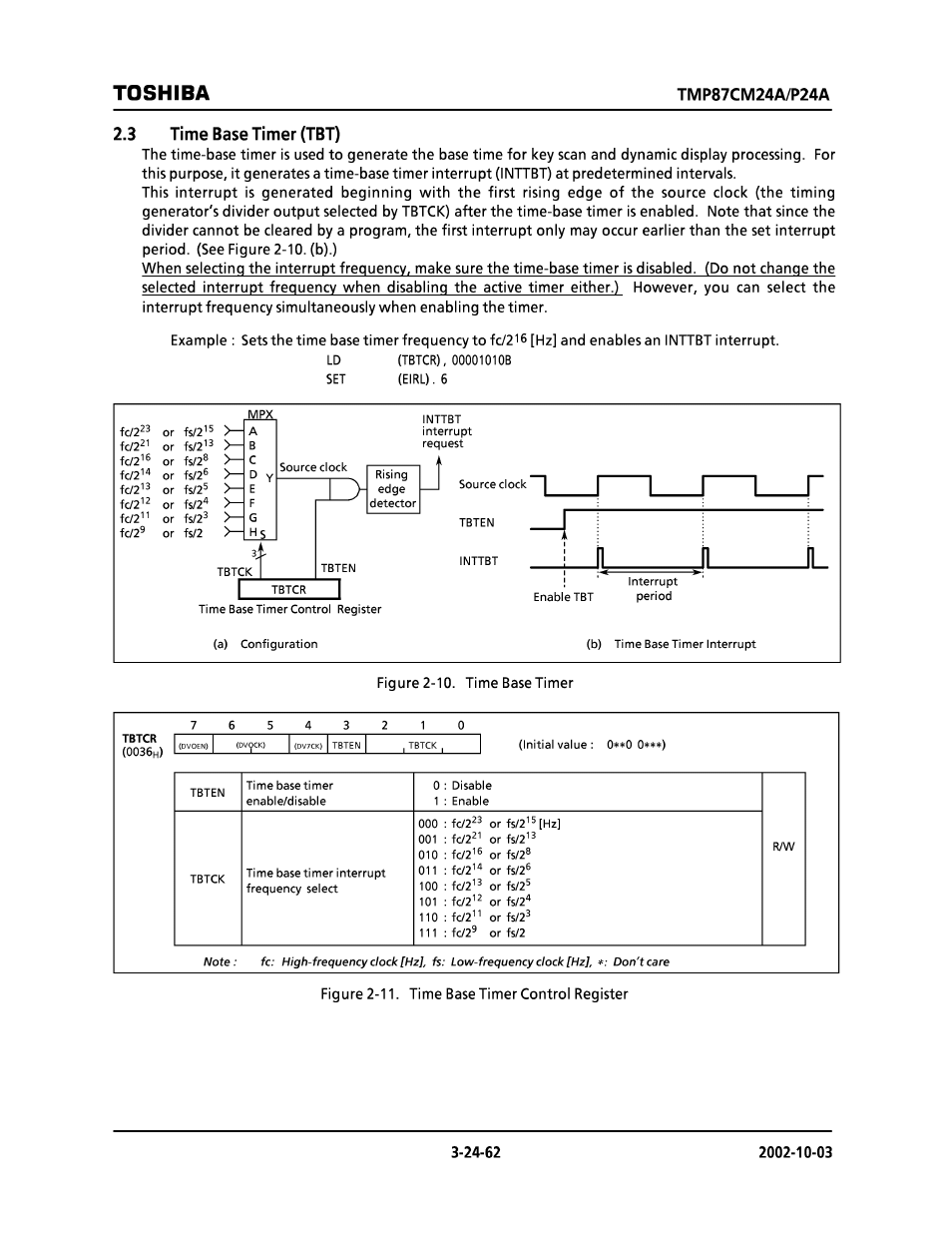 3 time base timer (tbt), Toshiba | Toshiba TMP87CP24AF User Manual | Page 62 / 132