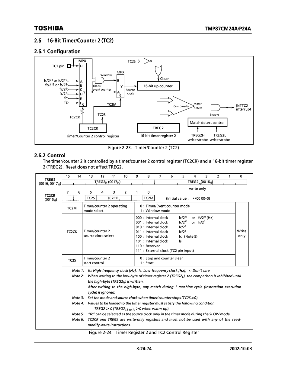 6 16-bit timer/counter 2 (tc2), 1 configuration, 2 control | Toshiba | Toshiba TMP87CP24AF User Manual | Page 74 / 132
