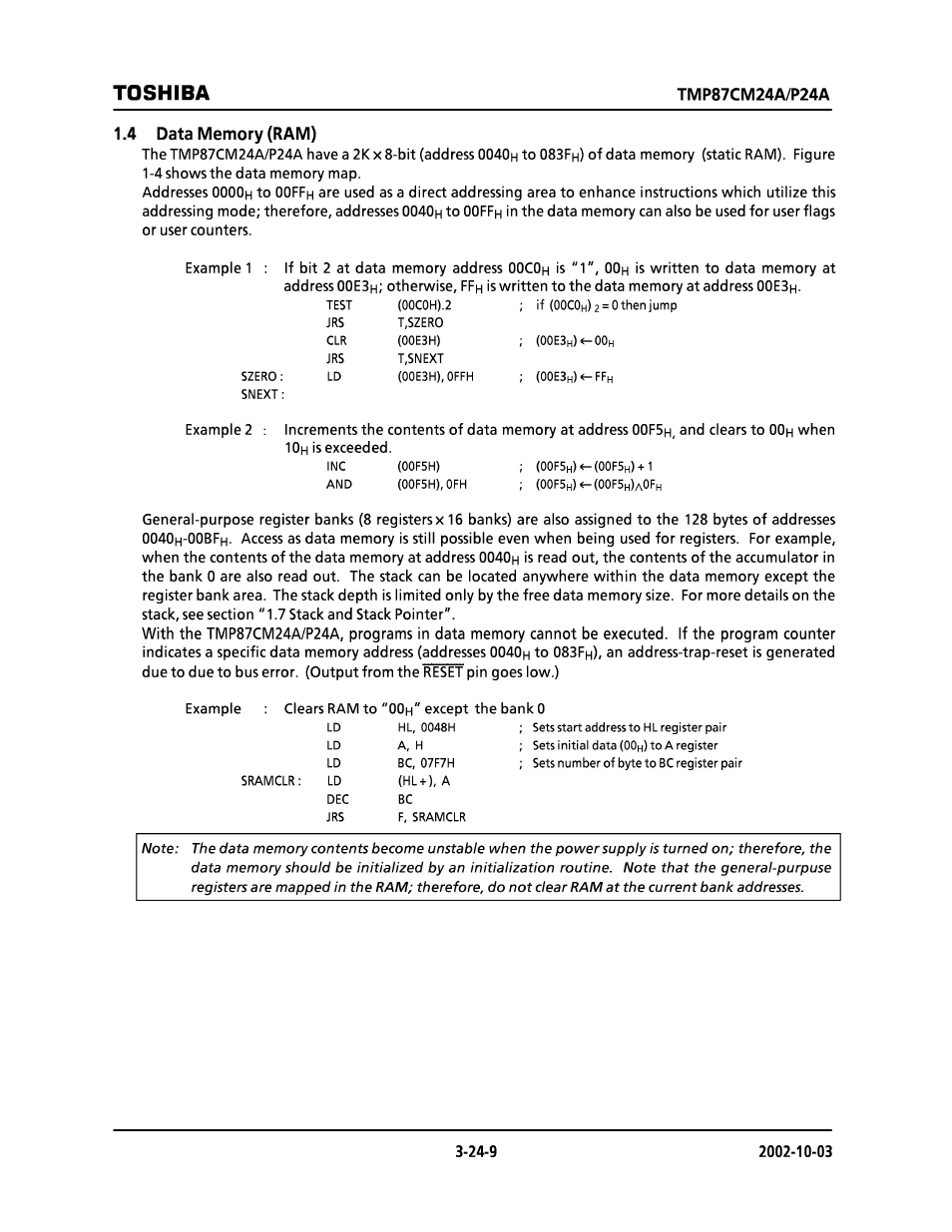 4 data memory (ram), Toshiba, 083f | 00bf | Toshiba TMP87CP24AF User Manual | Page 9 / 132