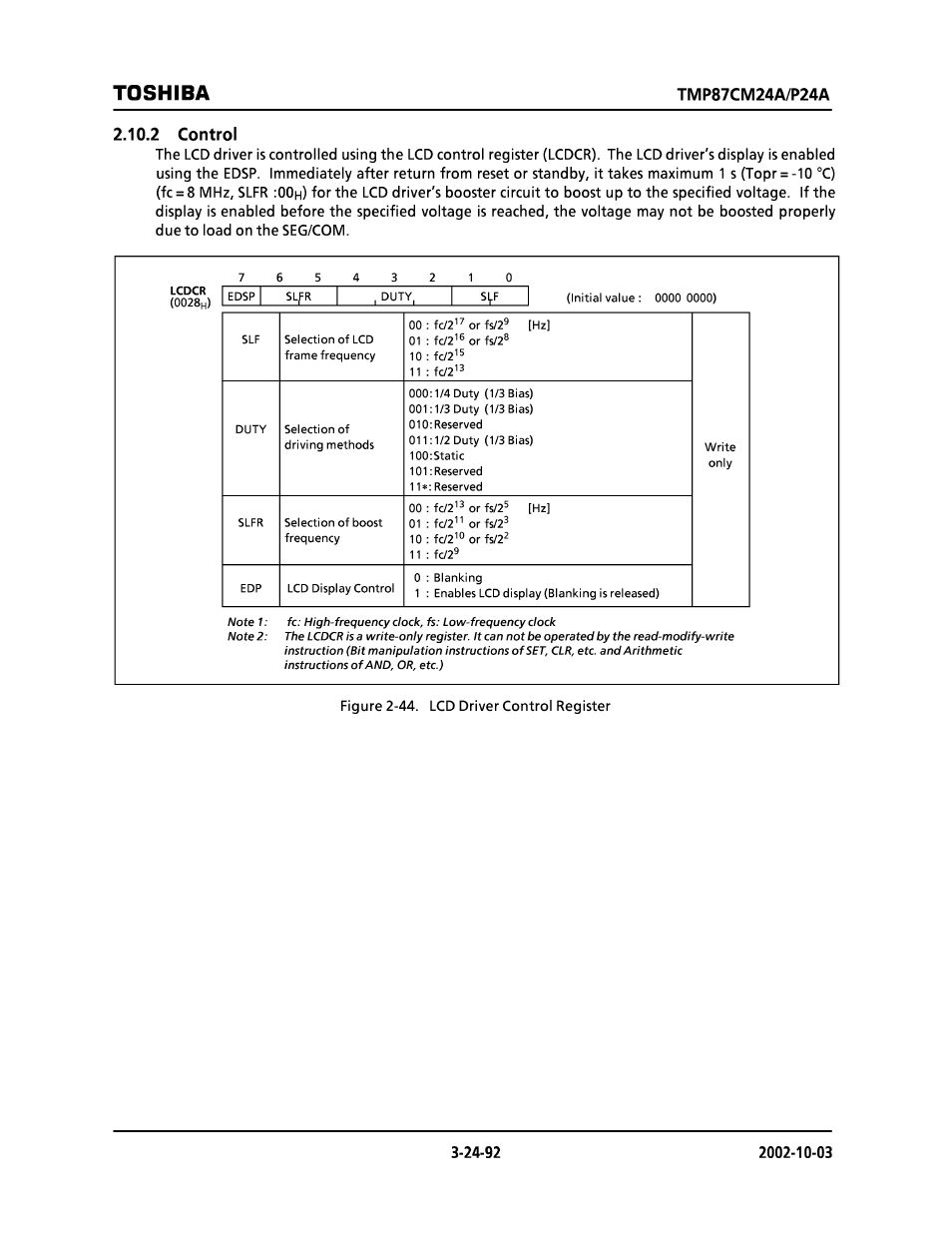 2 control, Toshiba | Toshiba TMP87CP24AF User Manual | Page 92 / 132