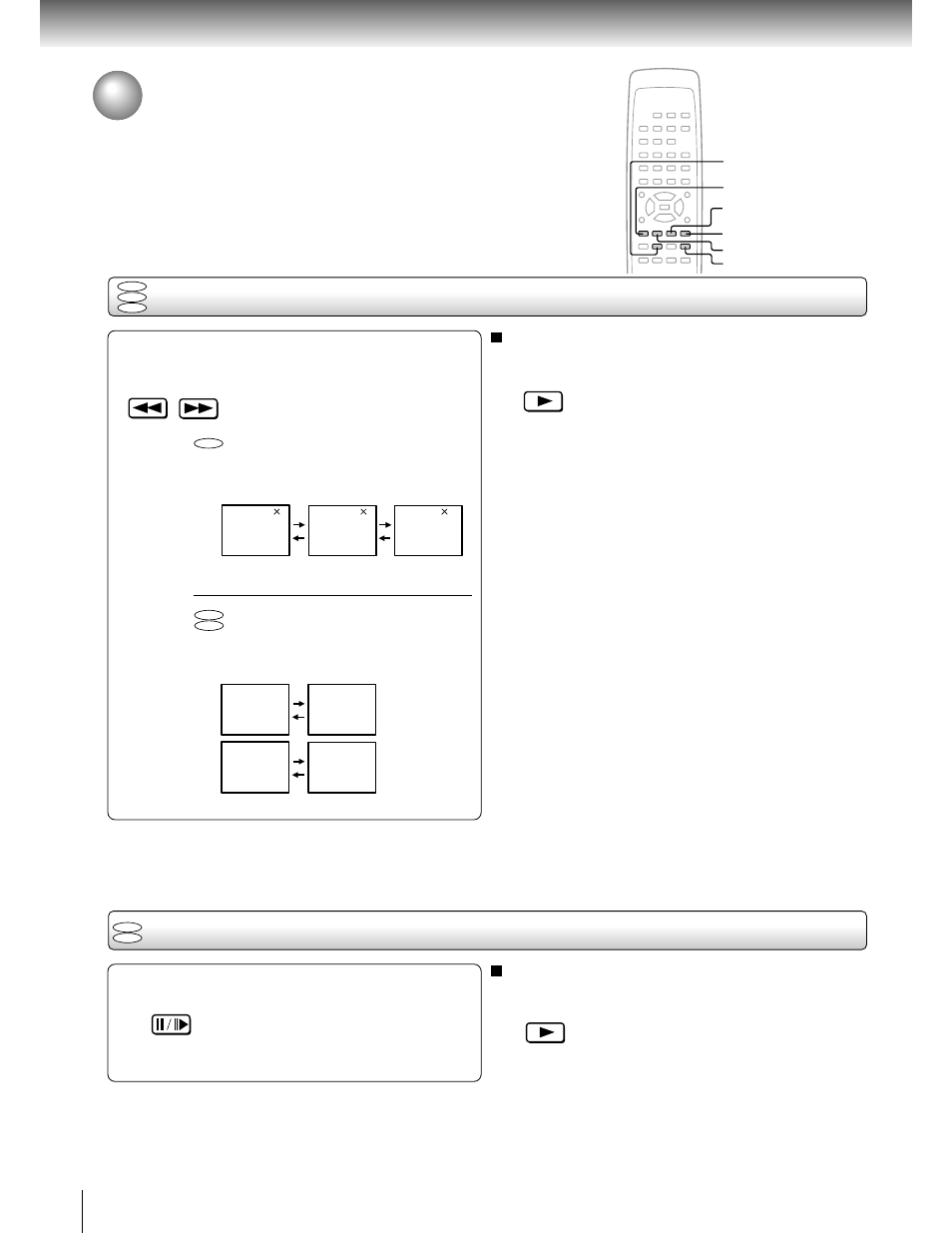 Playing a disc (continued), Playing fast in reverse or forward direction, Playing frame by frame | Toshiba SD-2050 User Manual | Page 22 / 46