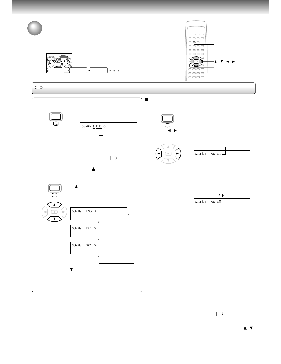 Selecting subtitles, Selecting a subtitle language | Toshiba SD-2050 User Manual | Page 32 / 46