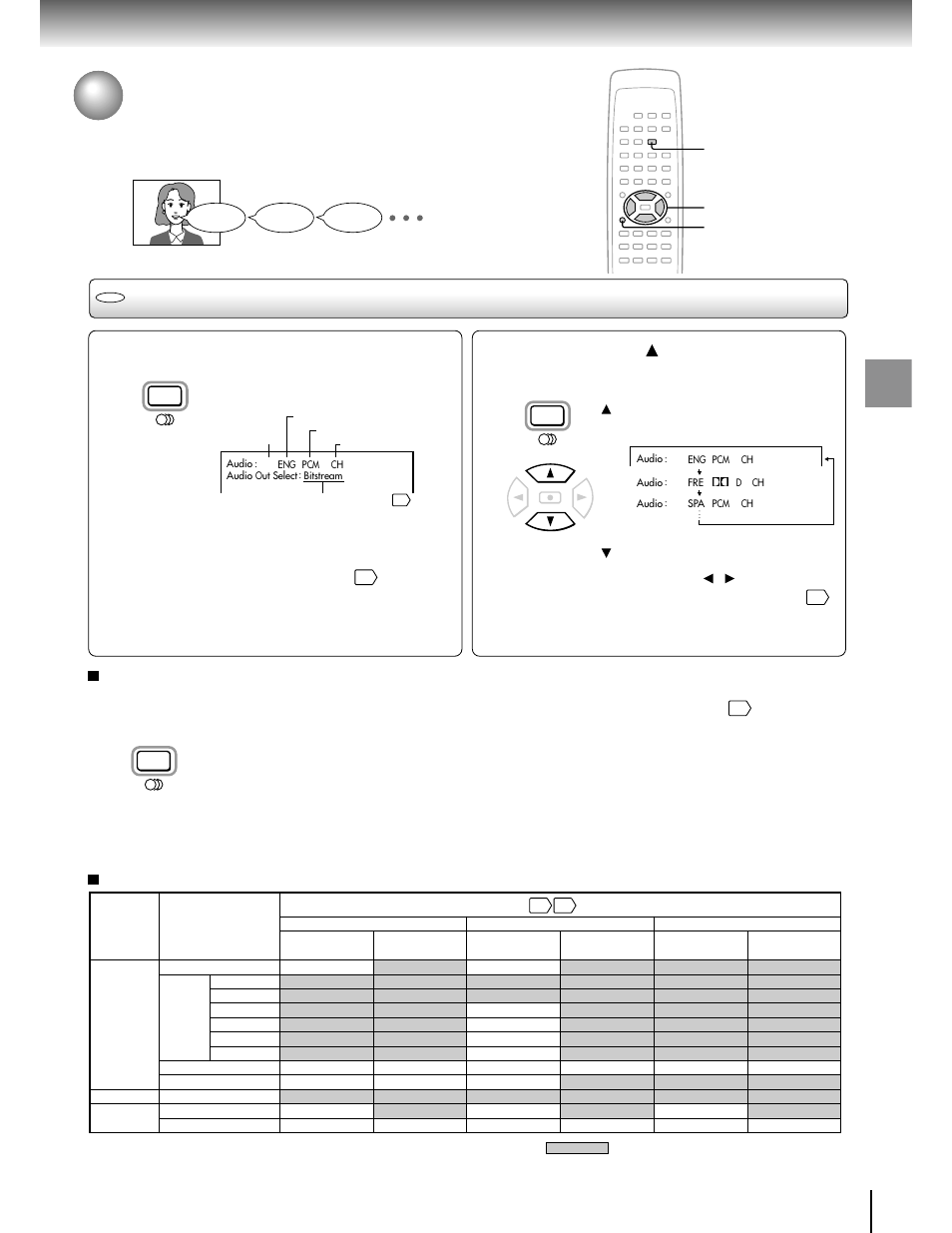 Selecting a language, Selecting a playback audio setting, Press audio during playback | Toshiba SD-2050 User Manual | Page 33 / 46