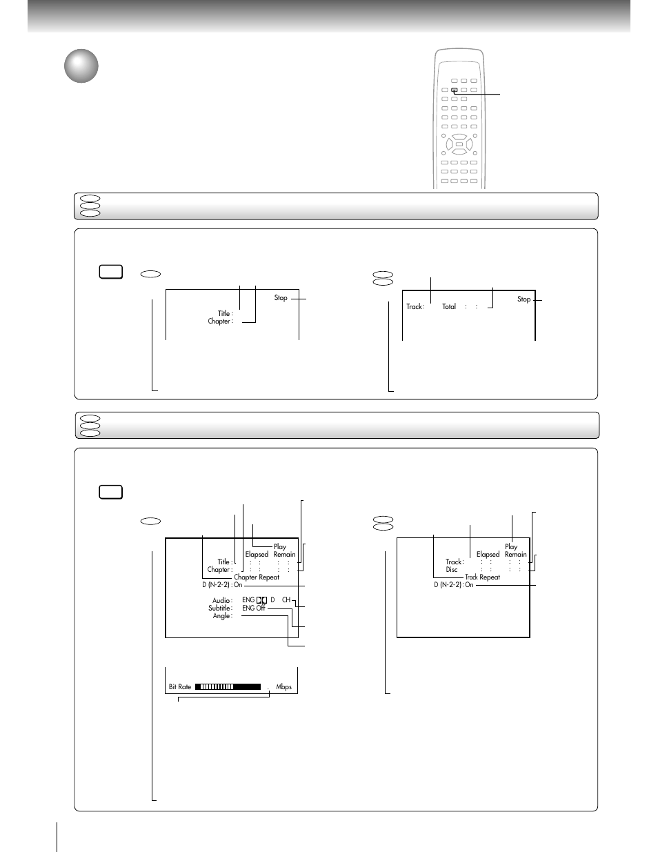 Viewing the operational information & dvd/cd-text, Checking the operational status, Checking the remaining time and setting status | Press display during stop, Press display during playback, Advanced playback | Toshiba SD-2050 User Manual | Page 34 / 46