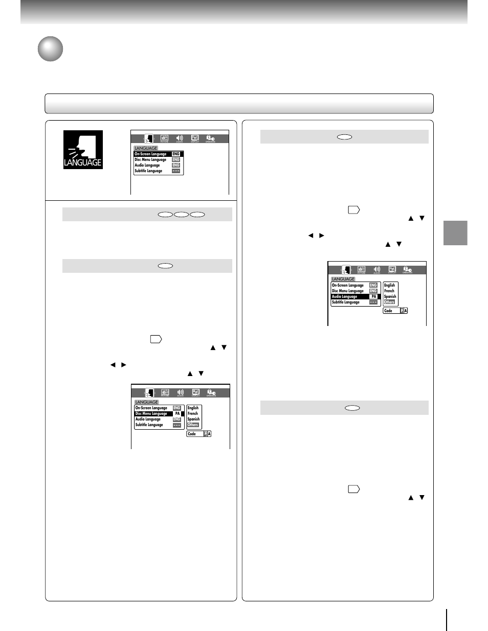 Customizing the function settings (continued), Setting details, Audio language | Subtitle language, On-screen language, Disc menu language, Language, Function setup | Toshiba SD-2050 User Manual | Page 37 / 46