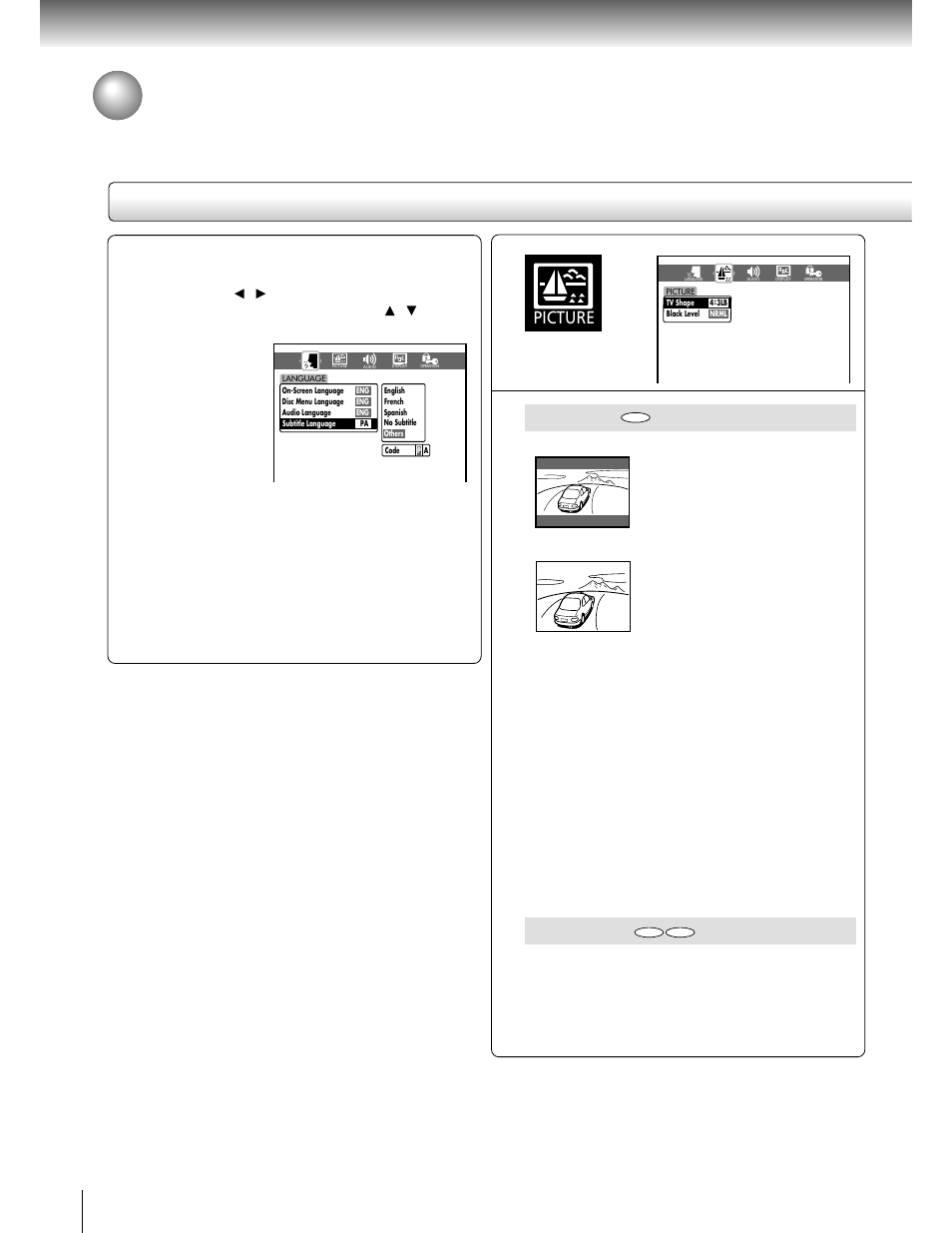 Customizing the function settings (continued), Setting details, Tv shape | Black level, Picture, Function setup | Toshiba SD-2050 User Manual | Page 38 / 46