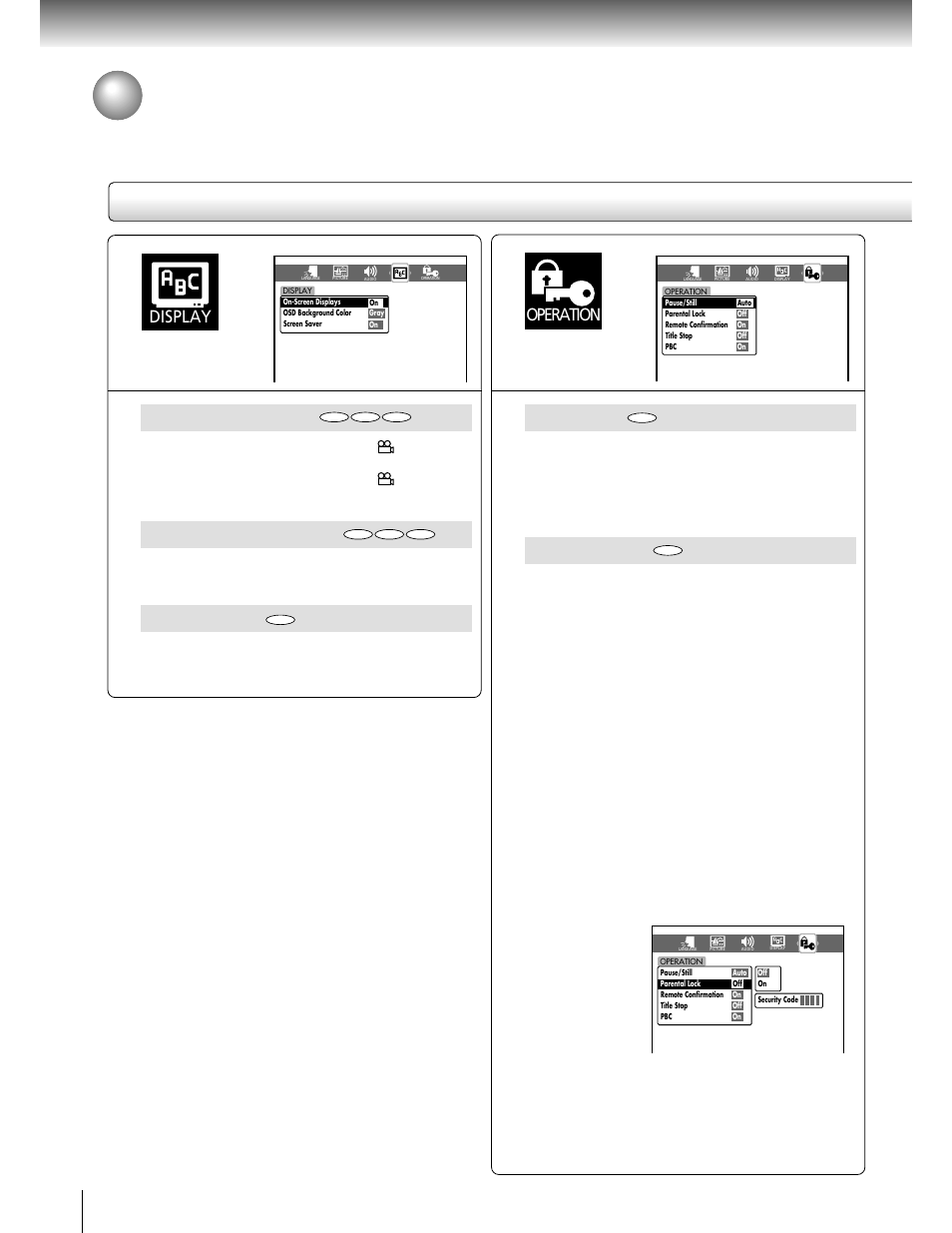 Customizing the function settings (continued), Setting details, Pause/still | Parental lock, On-screen displays, Osd background color, Screen saver, Display, Operation, Function setup | Toshiba SD-2050 User Manual | Page 40 / 46