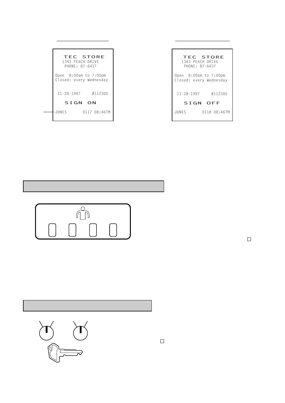 2) cashier key method (push led key), 3) cashier key method (barrel lock), Cashier keys 1 to 4 | Toshiba TEC MA-1350-1 User Manual | Page 25 / 114