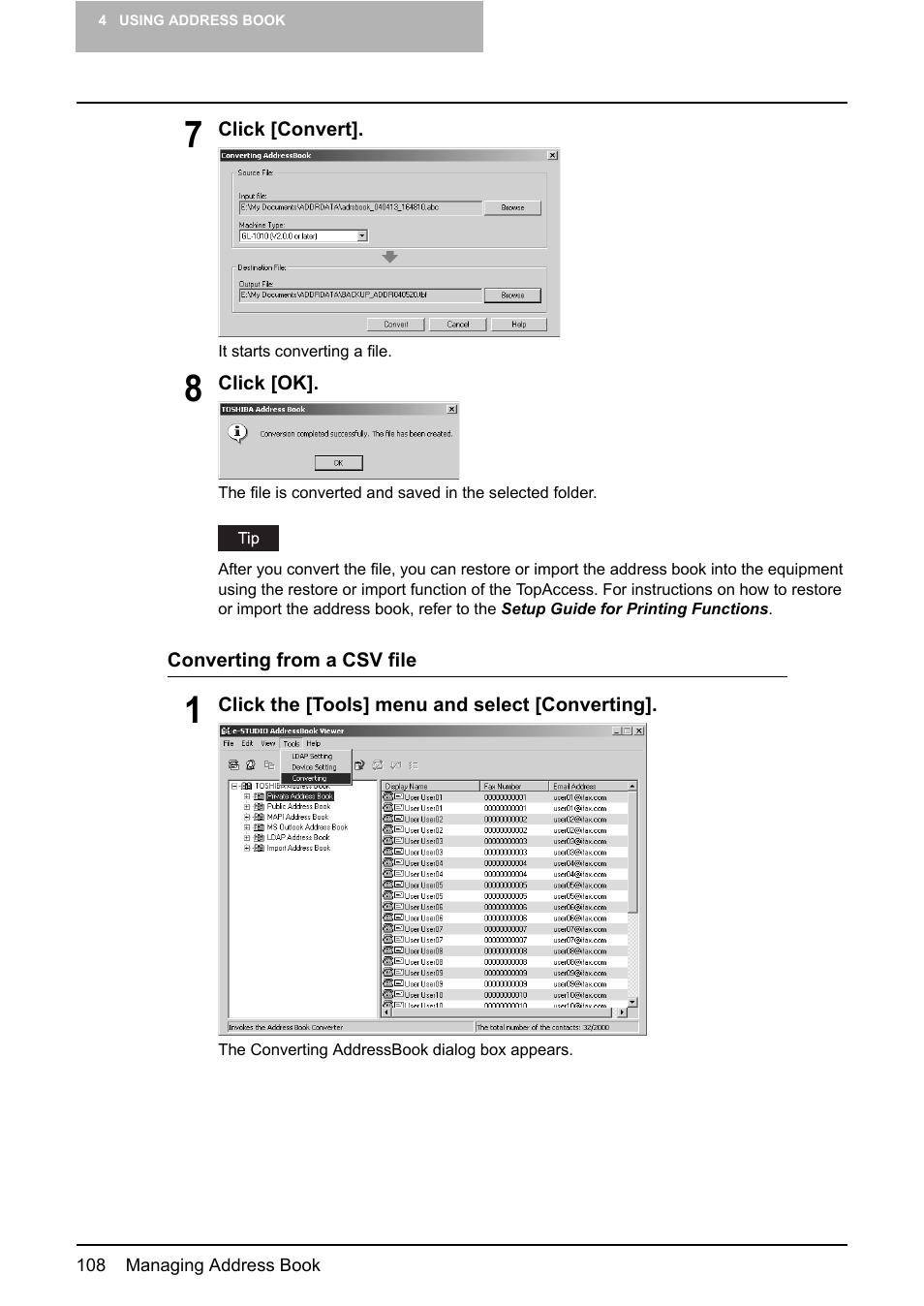 P.108 “converting from a csv file | Toshiba E-STUDIO 165  EN User Manual | Page 108 / 118