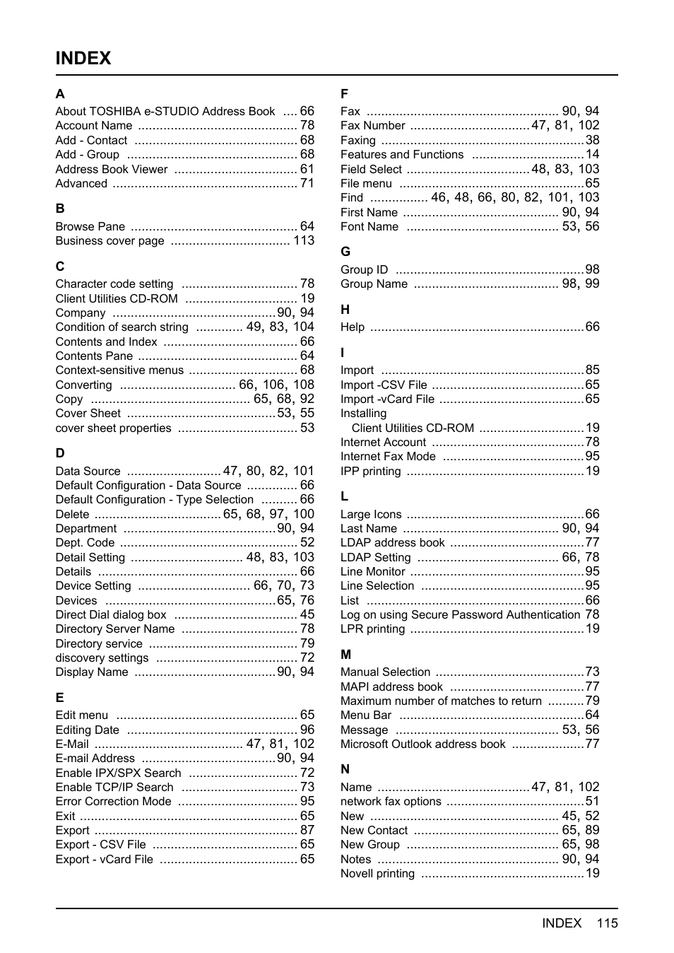 Index | Toshiba E-STUDIO 165  EN User Manual | Page 115 / 118