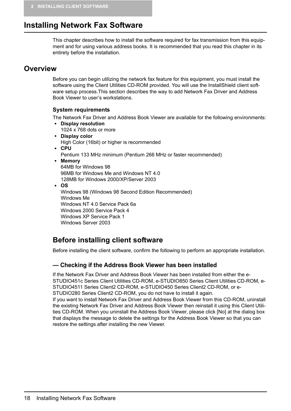 Installing network fax software, Overview, Before installing client software | Toshiba E-STUDIO 165  EN User Manual | Page 18 / 118