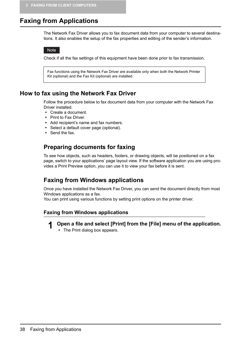 Faxing from applications, How to fax using the network fax driver, Preparing documents for faxing | Faxing from windows applications | Toshiba E-STUDIO 165  EN User Manual | Page 38 / 118