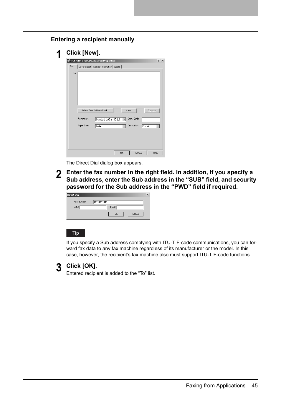 P.45 “entering a recipient manually | Toshiba E-STUDIO 165  EN User Manual | Page 45 / 118