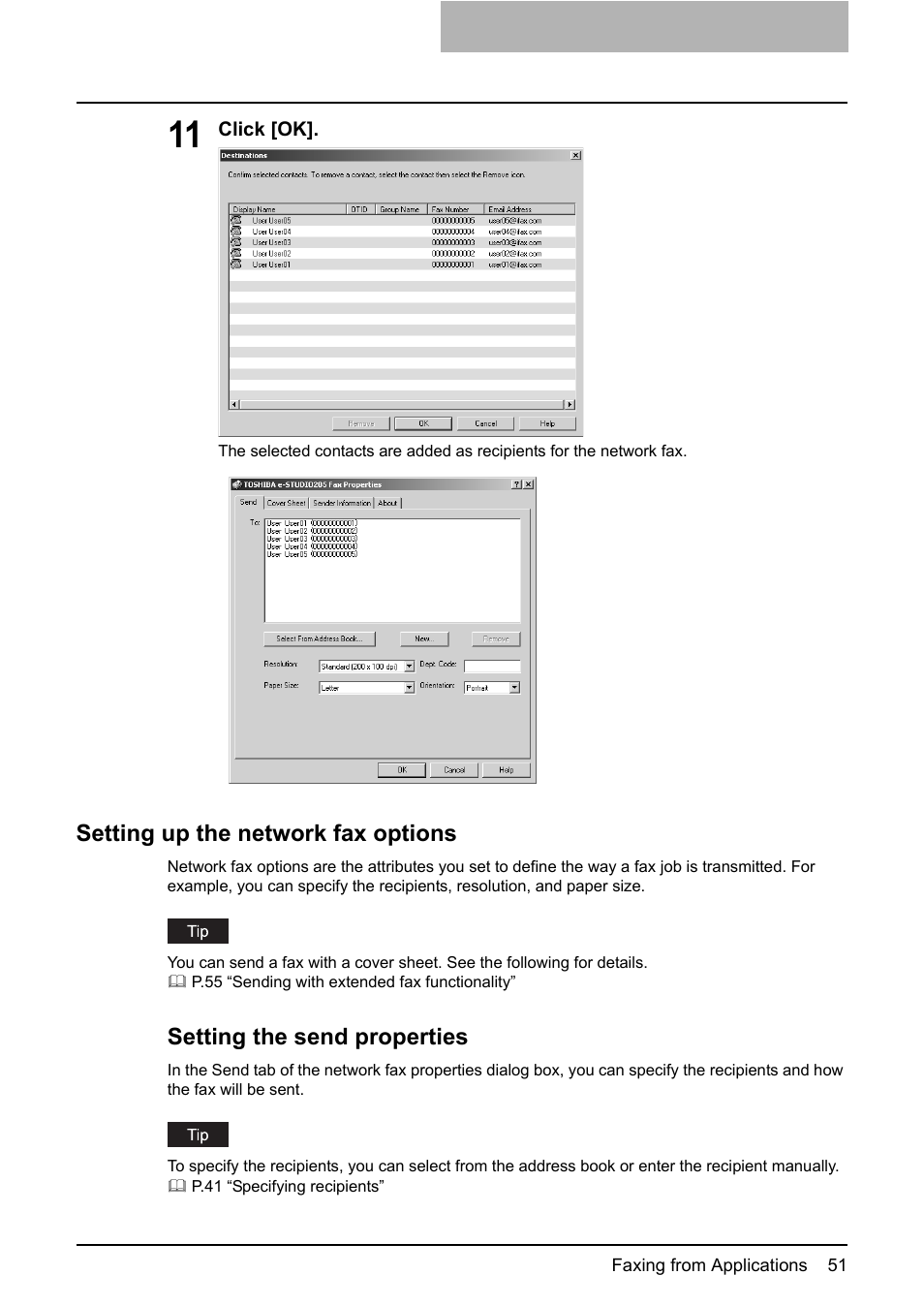 Setting up the network fax options, P.51 “setting the send properties, Setting the send properties | Toshiba E-STUDIO 165  EN User Manual | Page 51 / 118