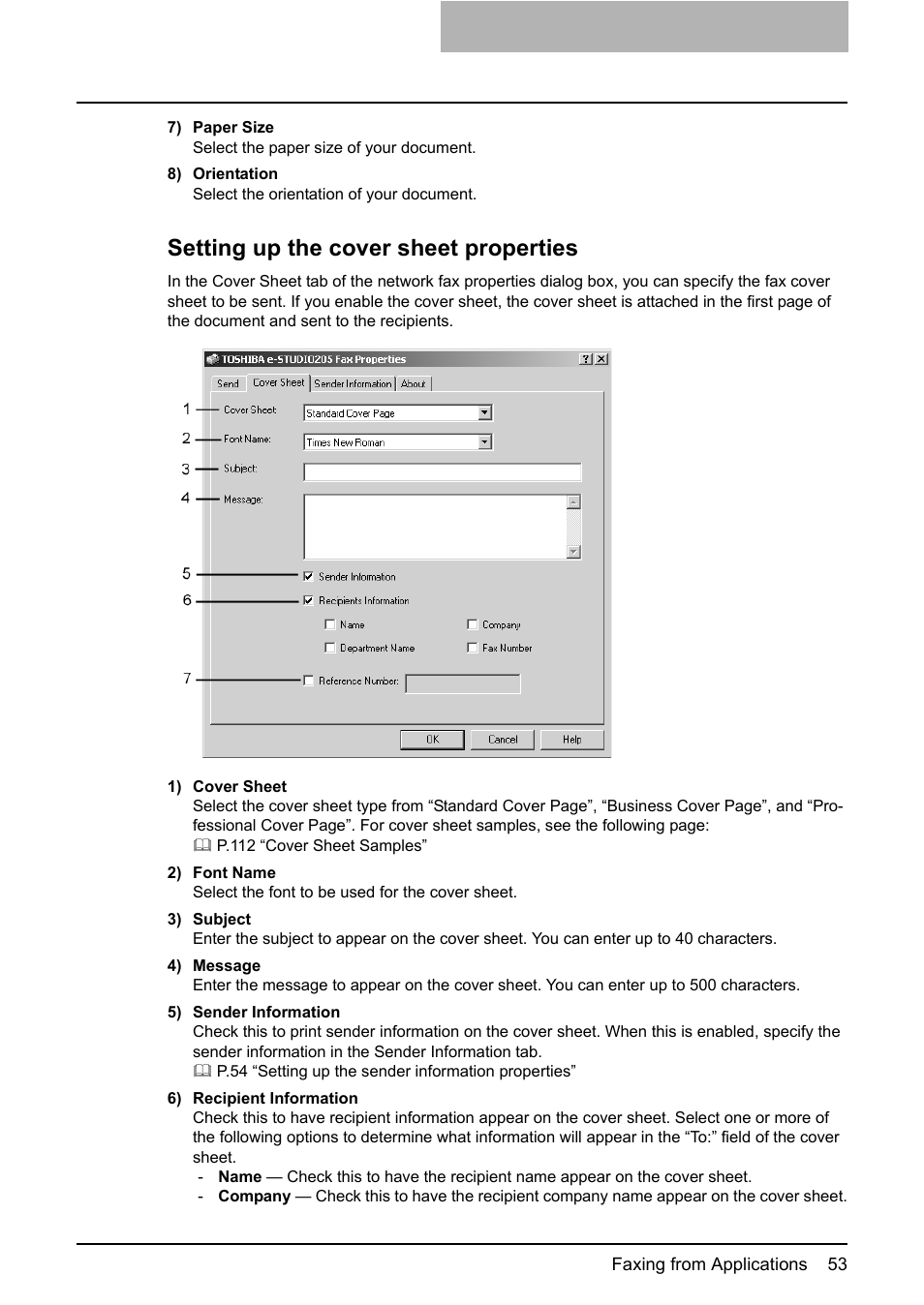 P.53 “setting up the cover sheet properties, Setting up the cover sheet properties | Toshiba E-STUDIO 165  EN User Manual | Page 53 / 118