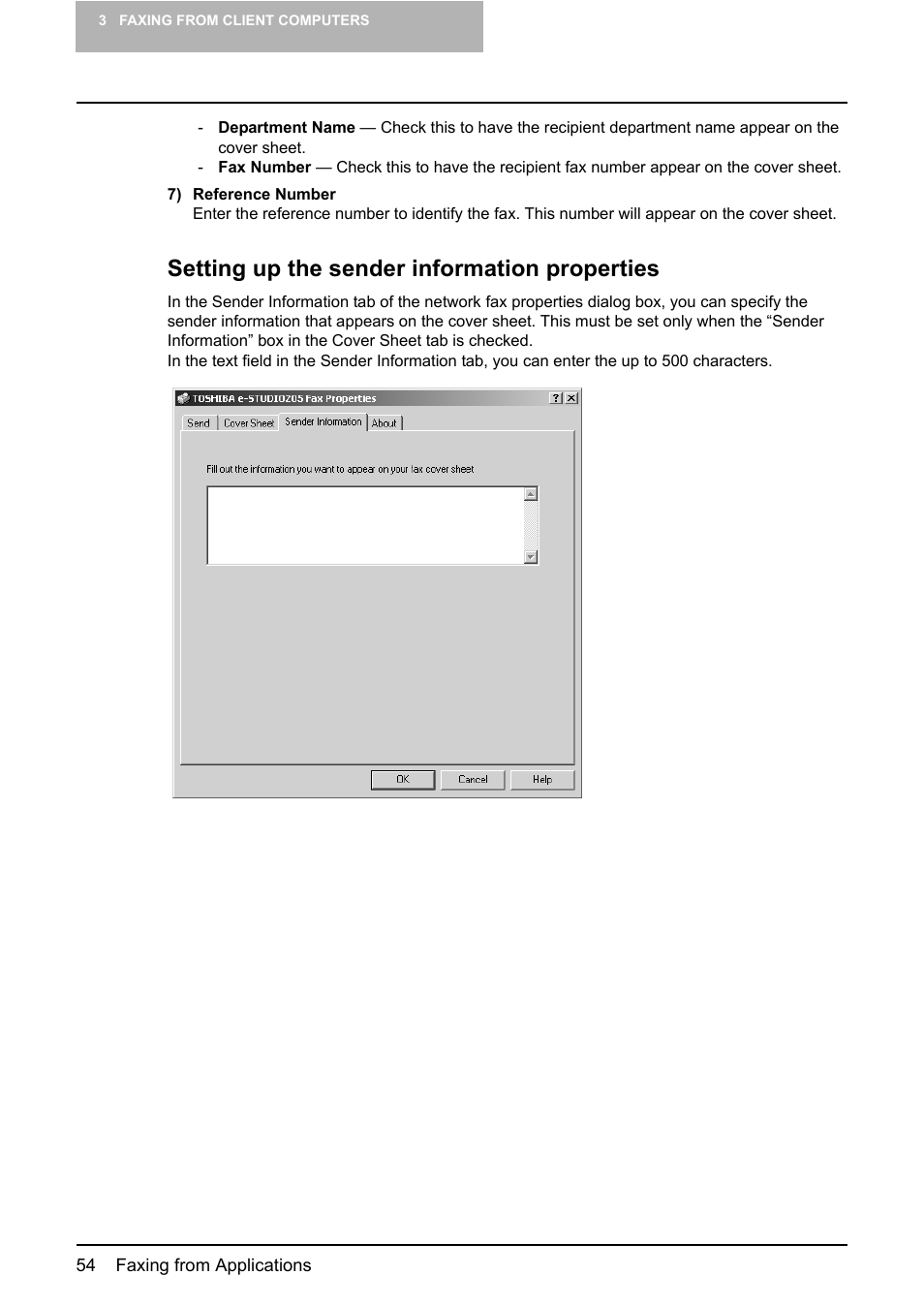 P.54 “setting up the sender information properties, Setting up the sender information properties | Toshiba E-STUDIO 165  EN User Manual | Page 54 / 118
