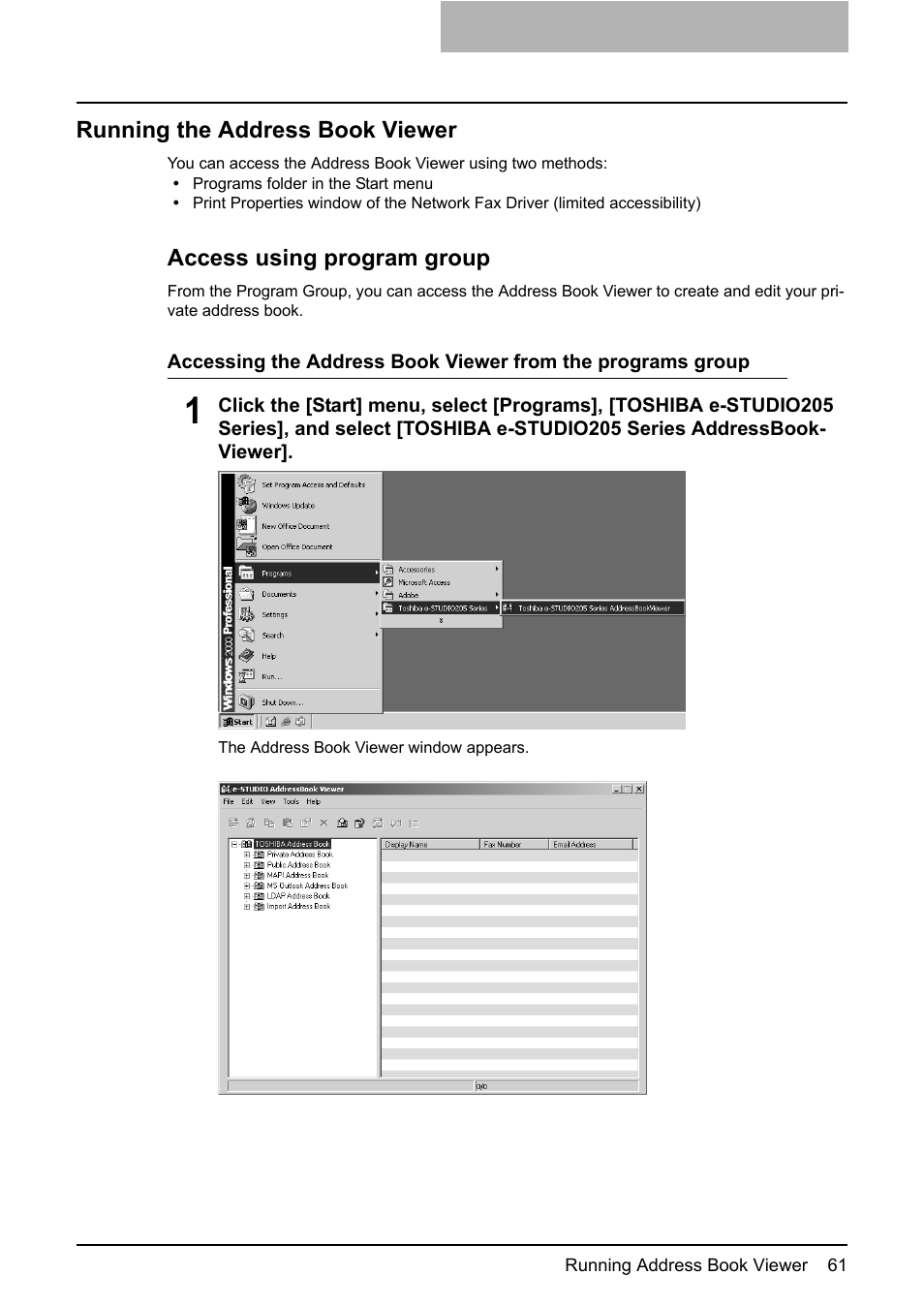 Running the address book viewer, Access using program group | Toshiba E-STUDIO 165  EN User Manual | Page 61 / 118