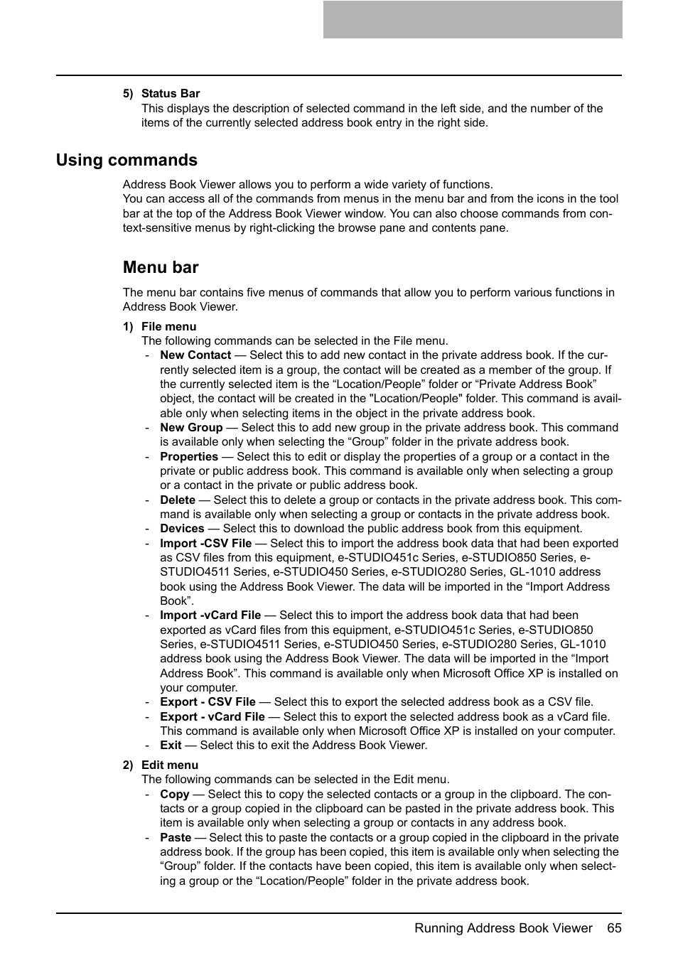 Using commands, P.65 “menu bar, Menu bar | Toshiba E-STUDIO 165  EN User Manual | Page 65 / 118