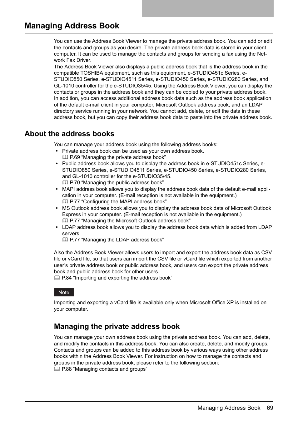 Managing address book, About the address books, Managing the private address book | Toshiba E-STUDIO 165  EN User Manual | Page 69 / 118