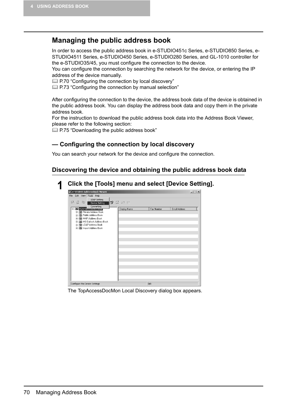 P.70 “managing the public address book, Managing the public address book | Toshiba E-STUDIO 165  EN User Manual | Page 70 / 118