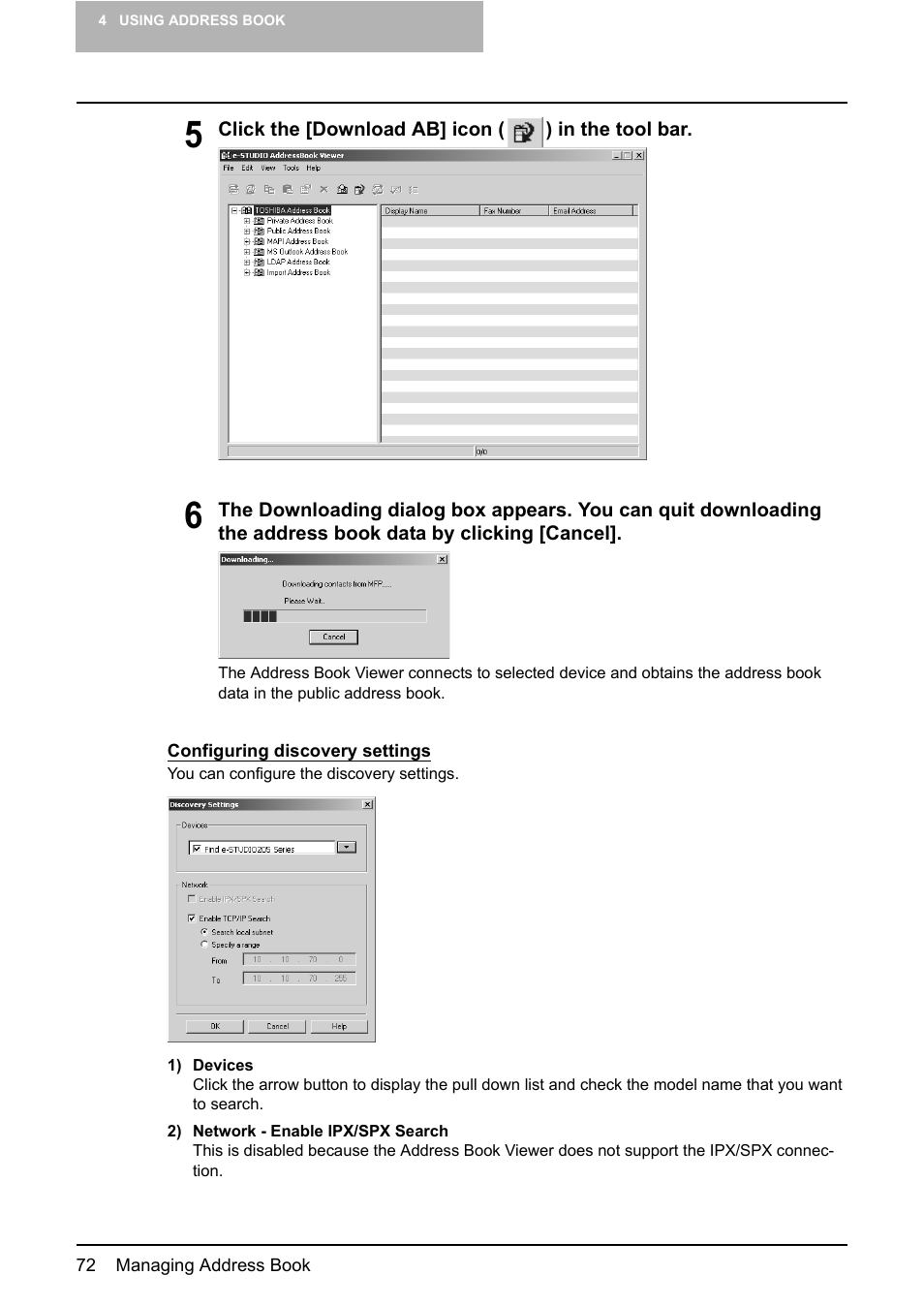 P.72 “configuring discovery settings | Toshiba E-STUDIO 165  EN User Manual | Page 72 / 118