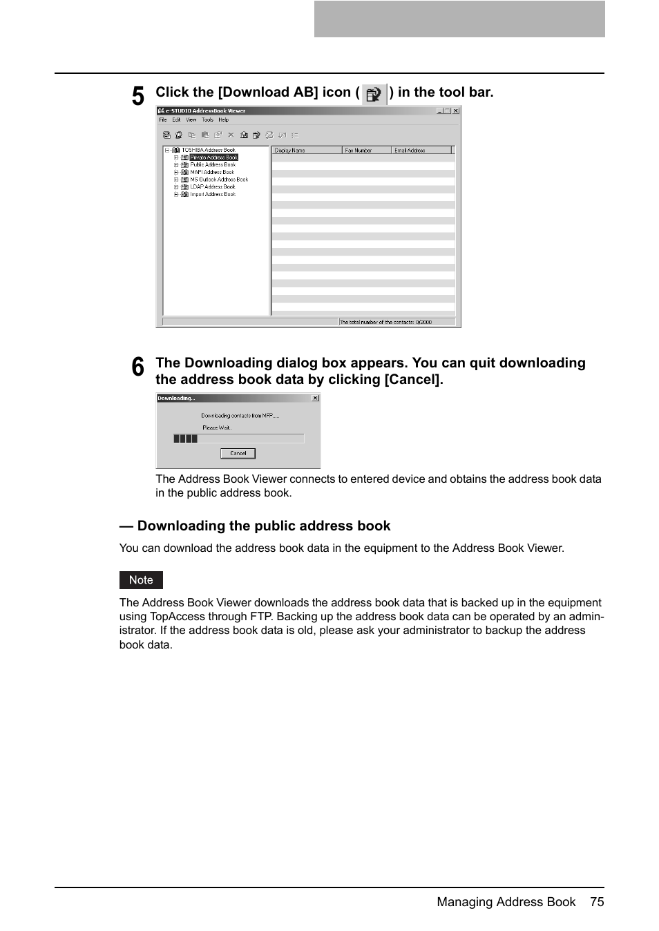 P.75 “downloading the public address book | Toshiba E-STUDIO 165  EN User Manual | Page 75 / 118