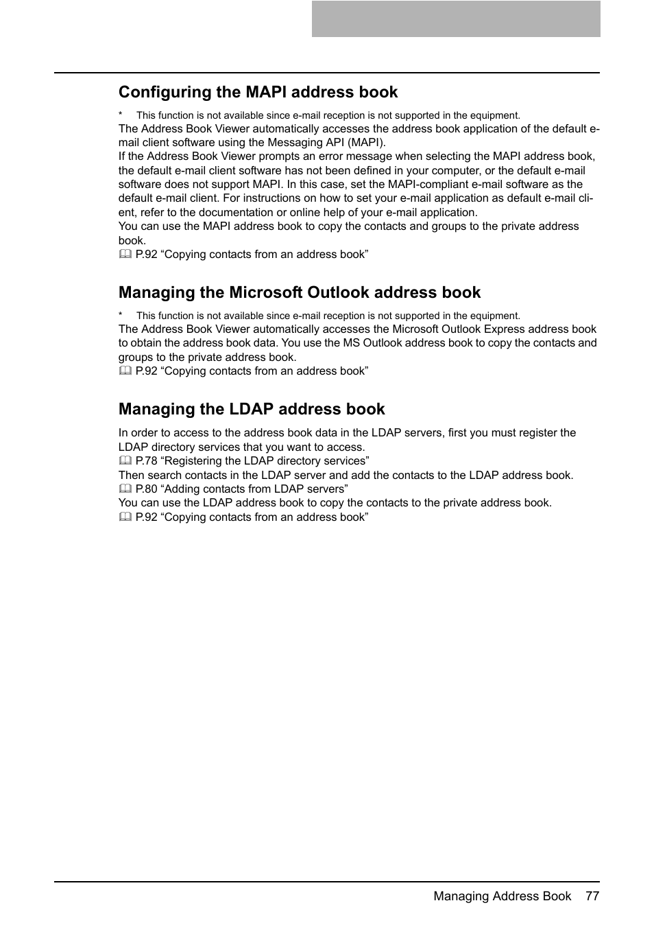 P.77 “configuring the mapi address book, P.77 “managing the microsoft outlook address book, P.77 “managing the ldap address book | Configuring the mapi address book, Managing the microsoft outlook address book, Managing the ldap address book | Toshiba E-STUDIO 165  EN User Manual | Page 77 / 118