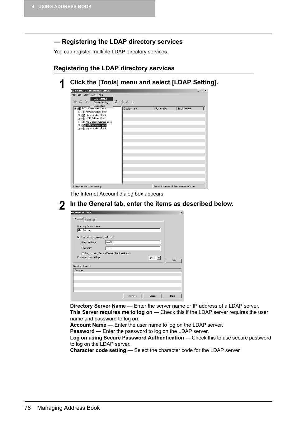 P.78 “registering the ldap directory services | Toshiba E-STUDIO 165  EN User Manual | Page 78 / 118