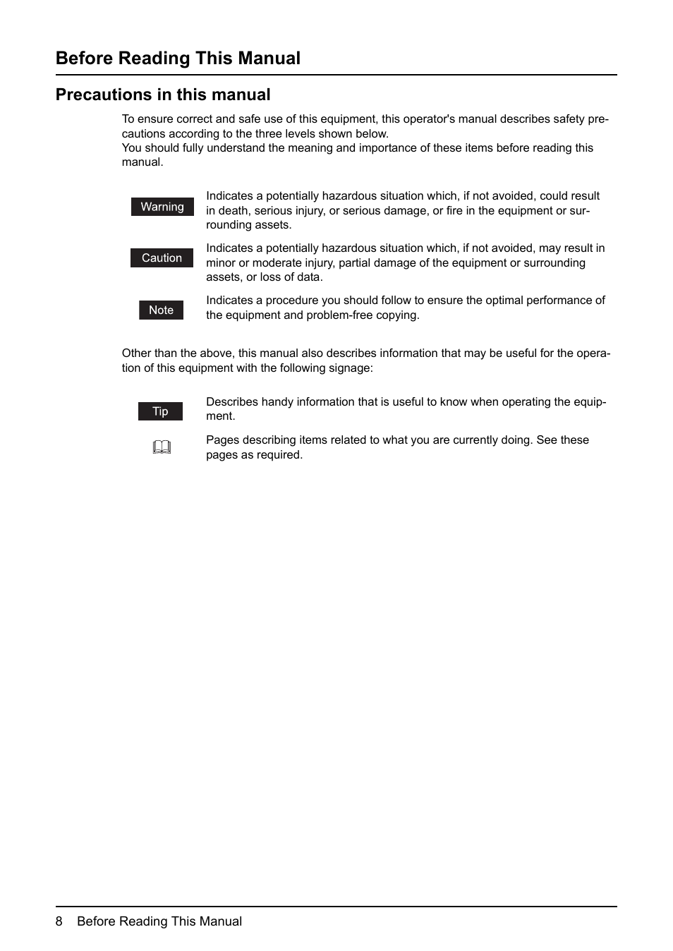 Before reading this manual, Precautions in this manual | Toshiba E-STUDIO 165  EN User Manual | Page 8 / 118