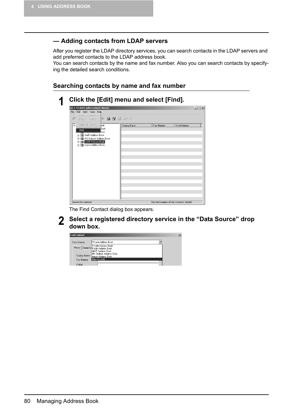 P.80 “adding contacts from ldap servers | Toshiba E-STUDIO 165  EN User Manual | Page 80 / 118