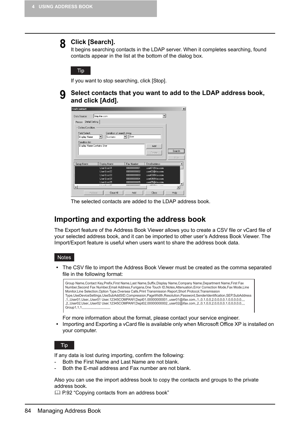 P.84 “importing and exporting the address book, Importing and exporting the address book | Toshiba E-STUDIO 165  EN User Manual | Page 84 / 118