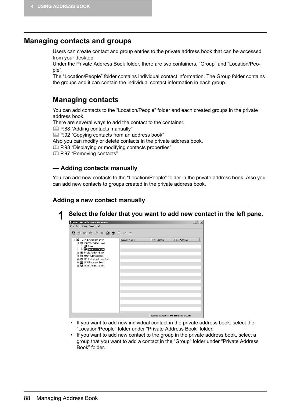 Managing contacts and groups, P.88 “managing contacts and groups, Managing contacts | Toshiba E-STUDIO 165  EN User Manual | Page 88 / 118